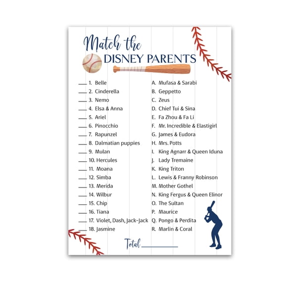 BASEBALL Baby Shower Games  CARTOON PARENT MATCH Baby Shower Game  Pack of 25  Rustic Sports Theme Navy Blue BOY, Little Slugger Fun Match the Parents Couples Shower Activity G900-DPM