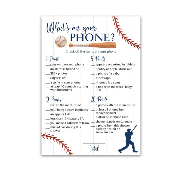 BASEBALL Baby Shower Games  WHAT'S ON YOUR PHONE Baby Shower Game  Pack of 25, Rustic Sports Navy Blue BOY Baby Shower Game, Sport Baseball Theme Little Slugger Shower Activity G900-PHN
