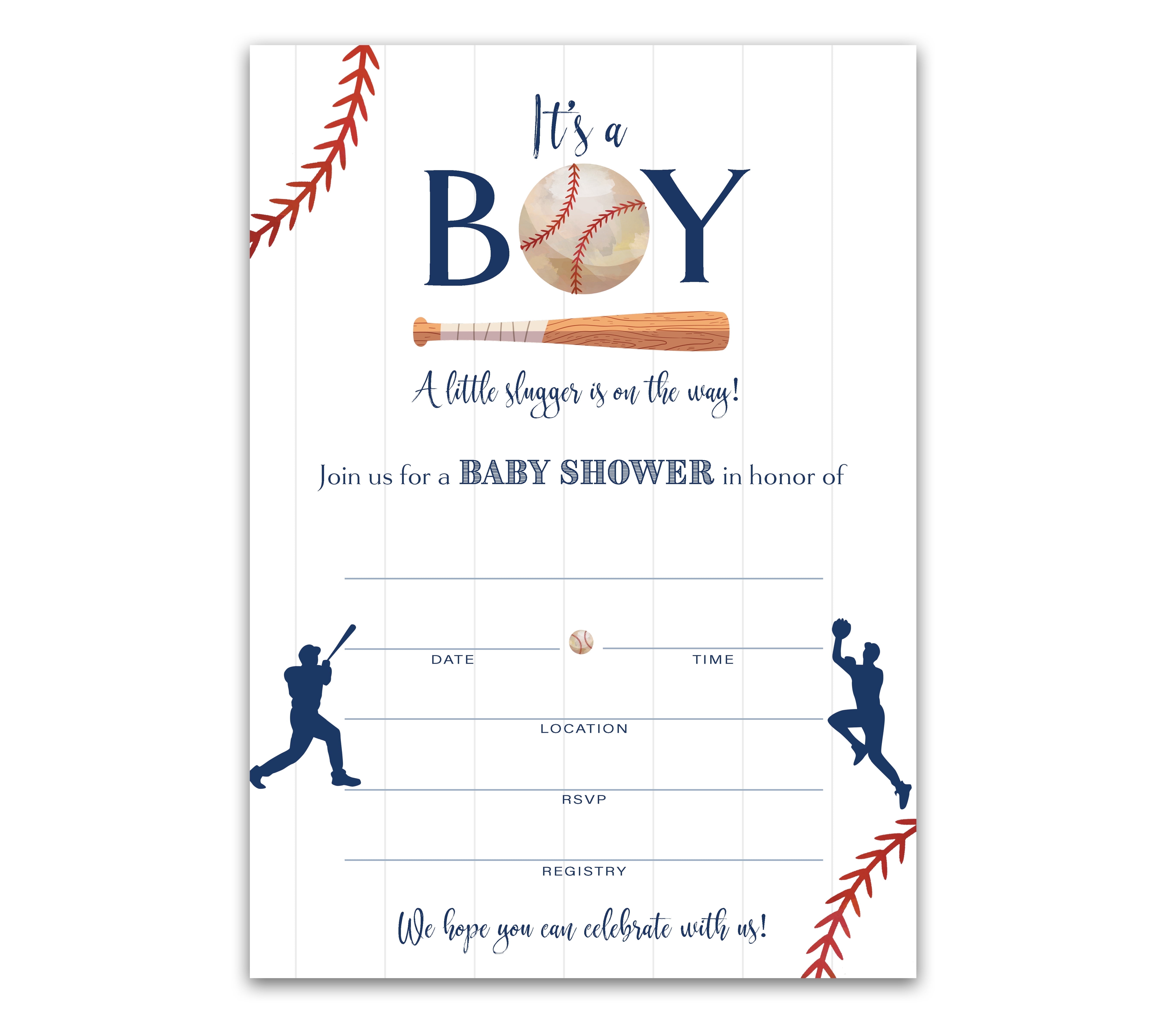BASEBALL Baby Shower INVITATIONS Pack of 25 BABY BOY Blank Fill-in Baby Shower INVITES, Blue Little Slugger Sports Baby Shower Invitation, All Star Sport Invite SKU I900-INV1