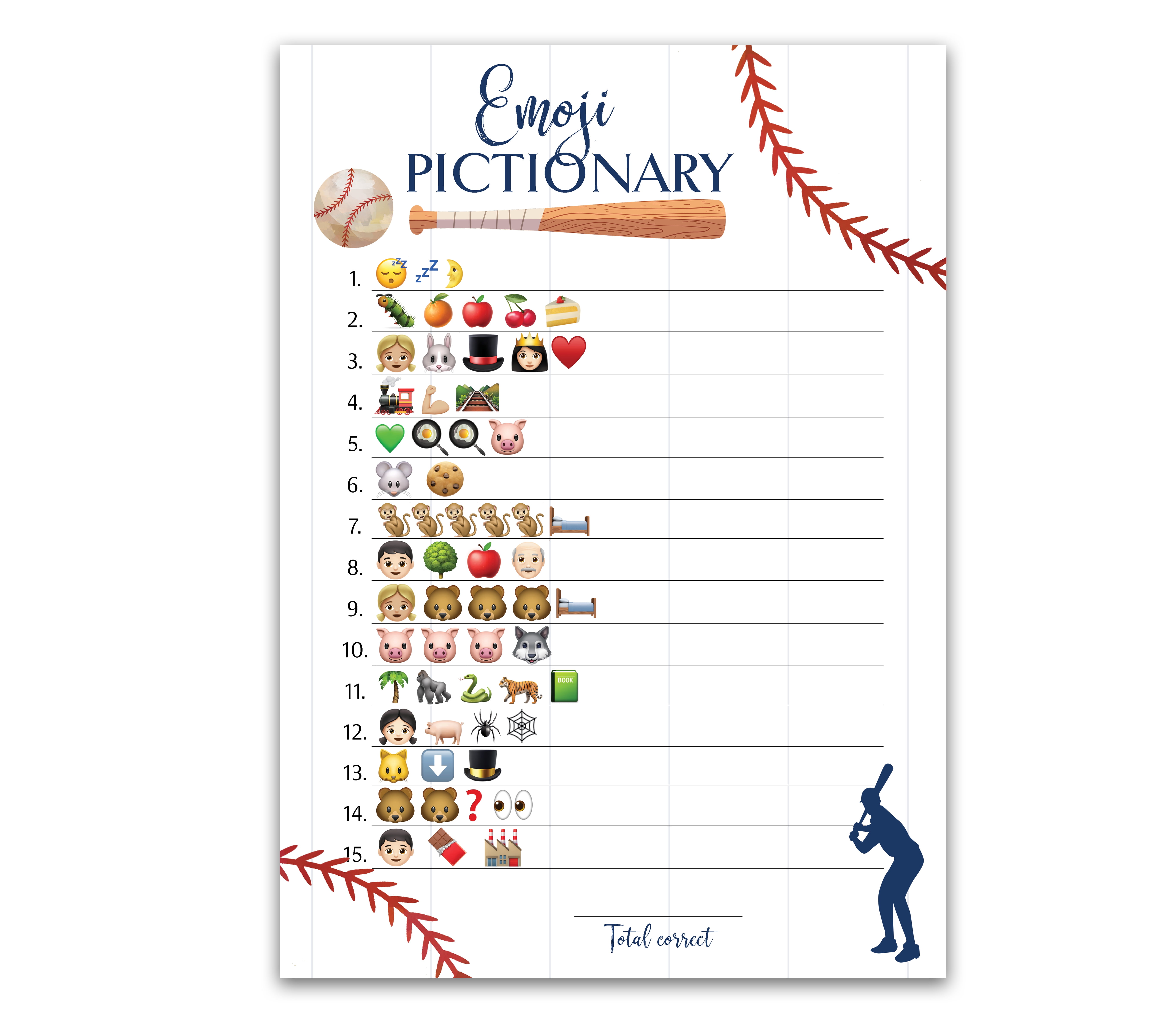 BASEBALL EMOJI Baby Shower Game Pack of 25 EMOJI Pictionary Children's Books Baby Shower Games, Rustic Sports Navy Blue BOY Baby Shower Game, Sport Baseball Theme Little Slugger Activity G900-EMJ