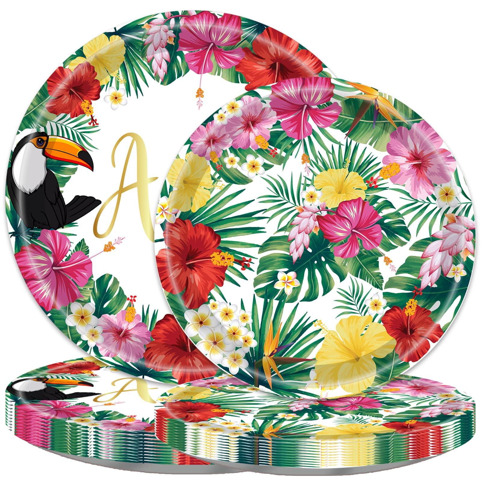 BASEMMAHER 32Pcs Hawaiian Disposable AIF4Paper Plates Tropical Luau Green Leaf Dessert Dinner Tableware Summer Flower Plates Dinnerware Party Supplies for Hawaiian Birthday Wedding Party Decor