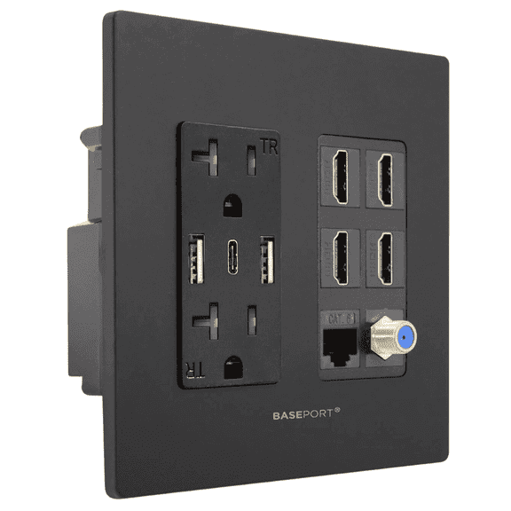 BASEPORT Media Wall Outlet with USB Ports, HDMI, Ethernet, Coax Cable Connector, Black Wall Plates