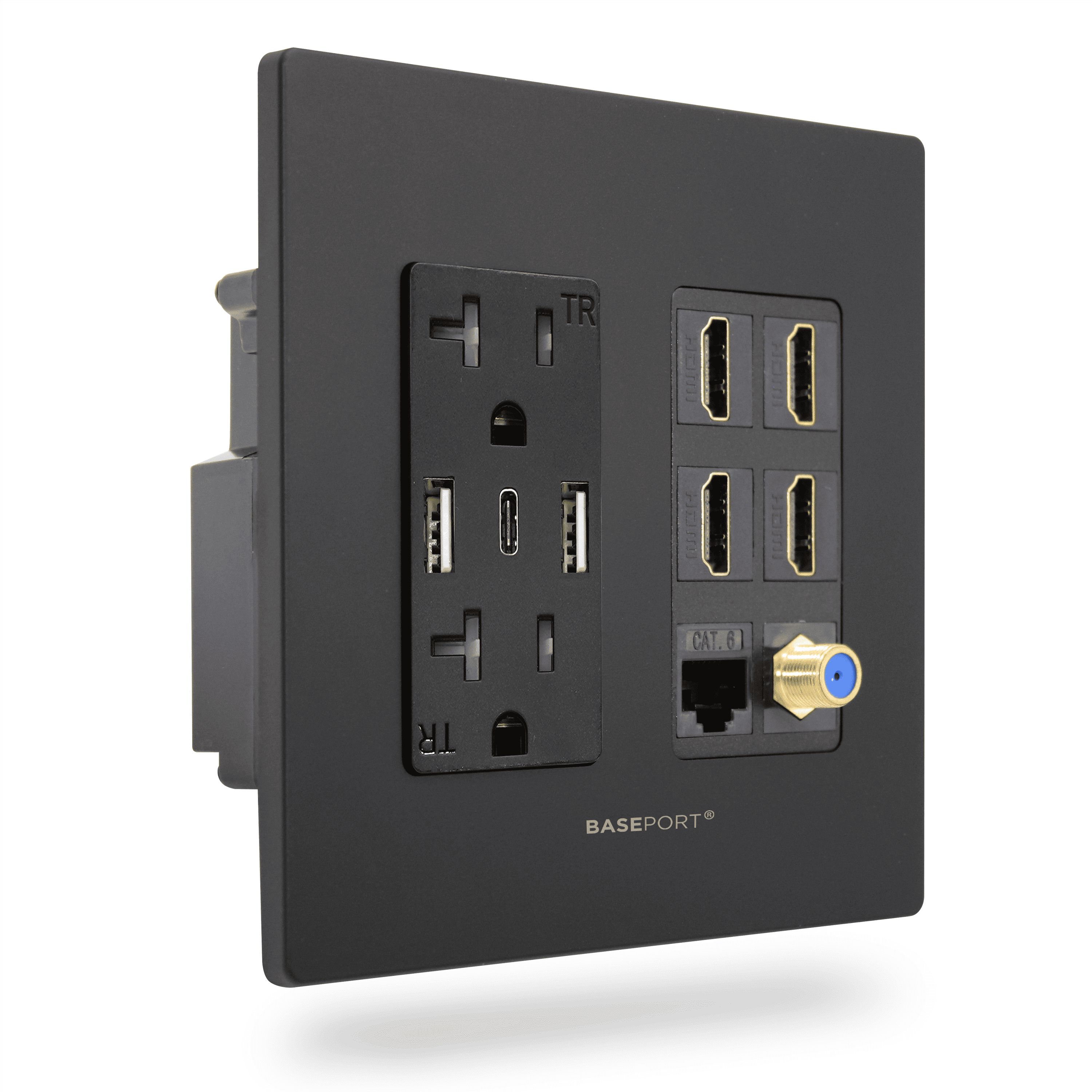 BASEPORT Media Wall Outlet with USB Ports, HDMI, Ethernet, Coax Cable Connector, Black Wall Plates