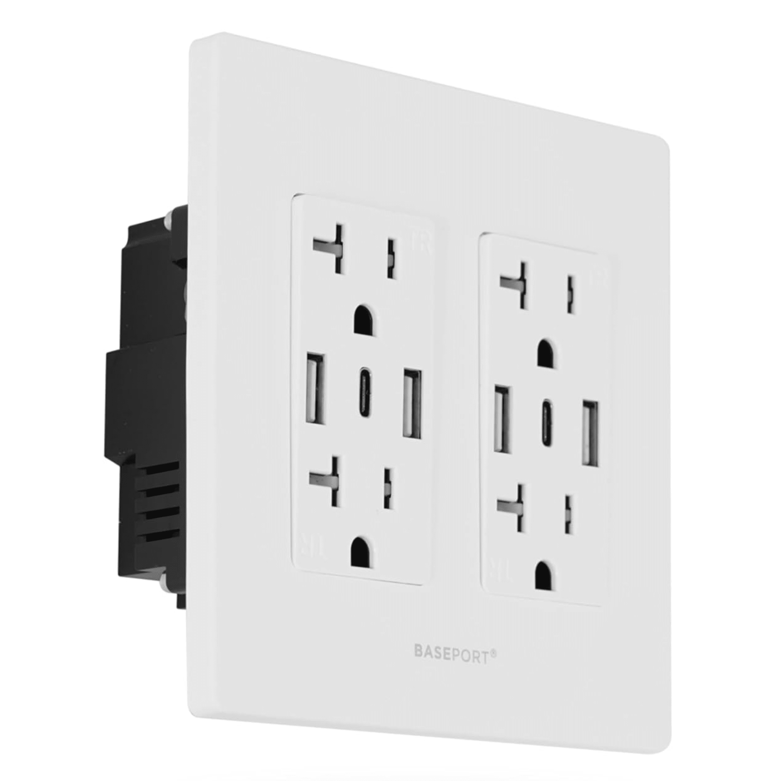White Double Gang Wall Outlet with USB Ports and Tamper Resistant Shutters
