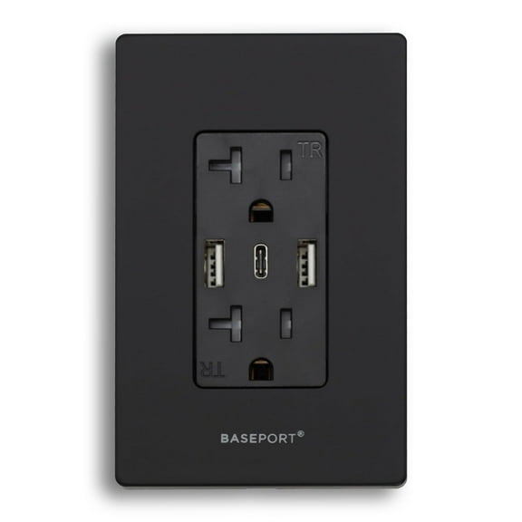 BASEPORT Wall Outlet with USB Ports, 125V 20 Amp Outlet, USB Outlets Receptacles, Single Gang, Black