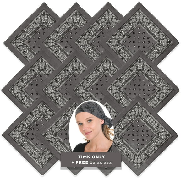 BASICO 12pk Dark Grey Paisley Bandana Face Covering | 100% Cotton Bandana for Men Women | Face Bandana Headband