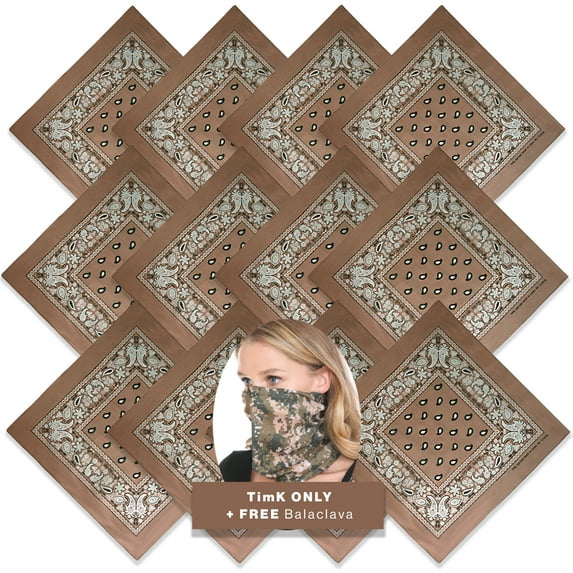 Innerest 12pk Tan Paisley Bandana Face Covering - 100PercentageCotton Bandana for Men Women - Face Bandana Headband