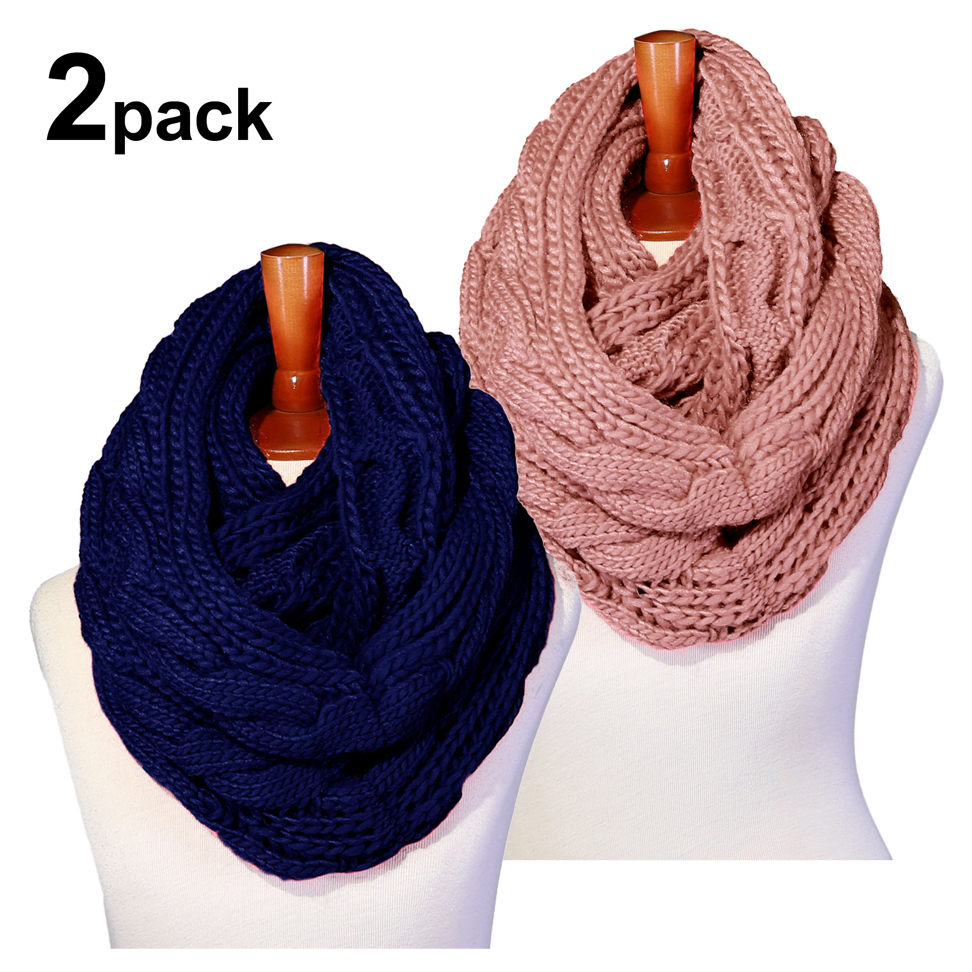 BASICO 2PK D.Pink, Navy Infinity Scarf for Women Winter Chunky Knitted ...