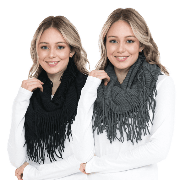 BASICO 2PK Warm Knit Winter Scarfs for Women Black and Charcoal Grey Infinity Scarf Circle Loop Scarves