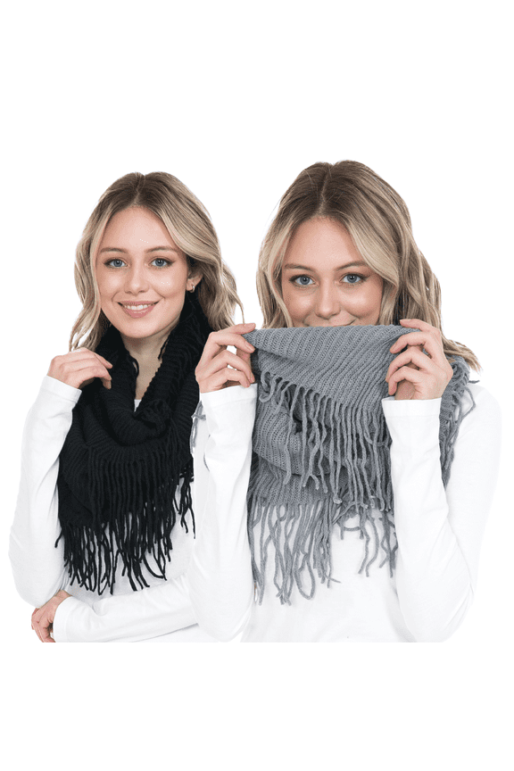 2PK Warm Knit Winter Scarfs for Women Heahter Grey and Black Infinity Scarf Circle Loop Scarves