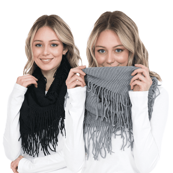 BASICO 2PK Warm Knit Winter Scarfs for Women Heahter Grey and Black Infinity Scarf Circle Loop Scarves