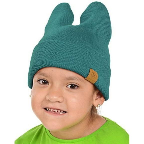 BASICO Baby Kids Unisex Rabbit Cat Ears Knit Beanie Cute Stretchy Warm Cap Hat (Teal-012G)