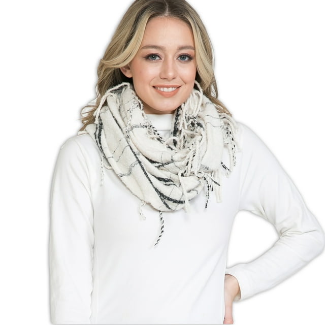 BASICO Warm Knit Winter Scarfs for Women White Plaid Infinity Scarf