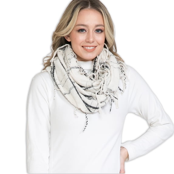 BASICO Warm Knit Winter Scarfs for Women White Plaid Infinity Scarf Circle Loop Scarves