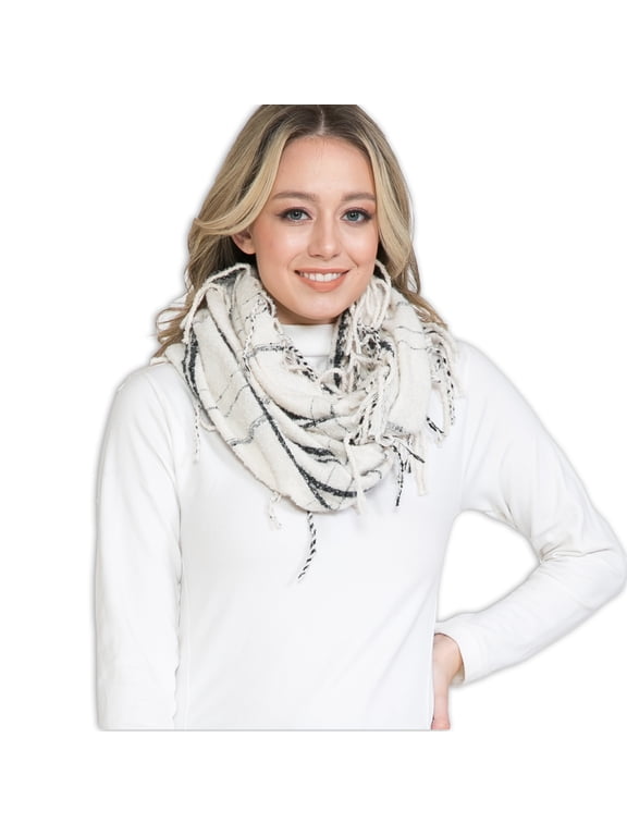Warm Knit Winter Scarfs for Women White Plaid Infinity Scarf Circle Loop Scarves