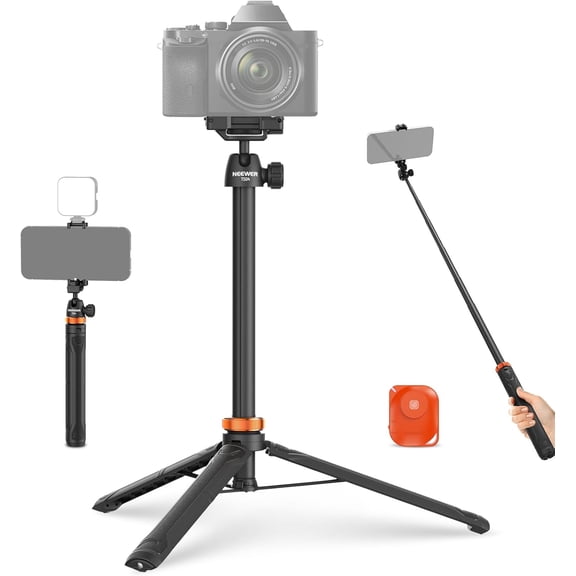 BASICS 59"Selfie Stick Tripod Compatible with iPhone & DLSR Camera, Small Metal Compact Portable Travel Desk Stand Remote Ball Head 2in1 Cell Phone Holder Mount for Video Recording Filming
