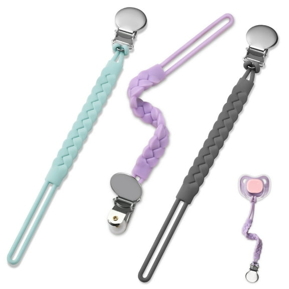 BASICSLIFE Silicone Pacifier Clip，3 Pack BPA Free Silicone Pacifiers Leashes for Teether Toy or Soothie? Keeps Pacifier Clean and Fits All Pacifiers Baby Teething Toys Purple, Blue and Grey
