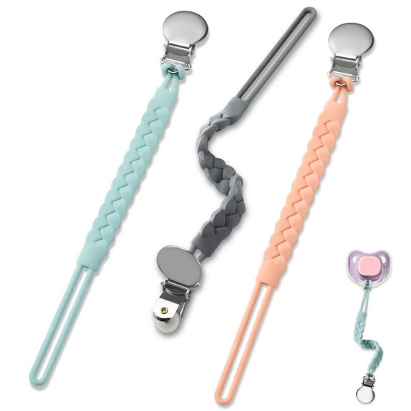 BASICSLIFE Silicone Pacifier Clip，3 Pack BPA Free Silicone Pacifiers Leashes for Teether Toy or Soothie?Keeps Pacifier Clean and Fits All Pacifiers Baby Teething Toys Light Orange, Blue and Grey