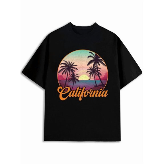 BASICTOGO California Sunset Palm Tee Men t-shirt black casual elegant Summer BBQ Weekend Casual Tee Everyday and weekend wear Funny Unisex Shirt Cotton tshirts