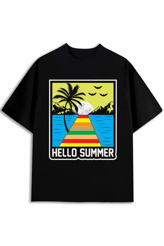 Hello Summer Palm Tee men's comfort colors tshirt black casual summer Backyard BBQ Weekend T-Shirt Fashion Unisex Shirt Cotton tshirts