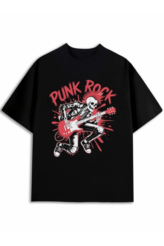 Punk Rock Skeleton Guitar Tee Mens round neck T-shirt black casual funny Hip-hop street style Casual Unisex Shirt Graphic Tee tshirts