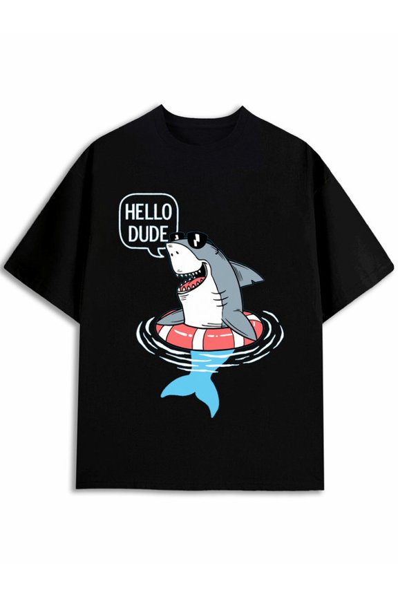 Shark Lifebuoy Hello Dude Tee Mens funny t shirts black limited edition elegant Beach Day Everyday Summer Tee Retro Unisex Shirt Graphic Tee tshirts