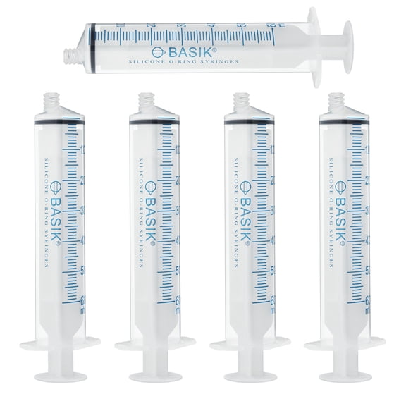 BASIK ENFit Compatible Tip Reusable Syringe With Silicone O-ring Plunger. 60mL / 2oz Non-Sterile Eccentric Tip  5/pack