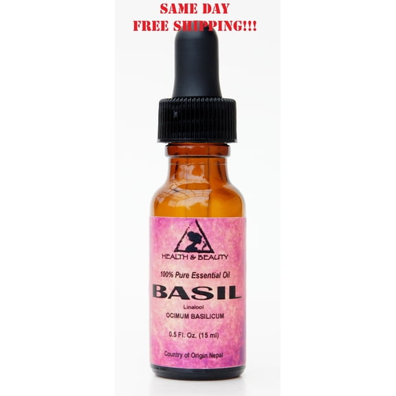 BASIL ESSENTIAL OIL LINALOOL AROMATHERAPY 100% PURE GLASS DROPPER 0.5 OZ, 15 ml