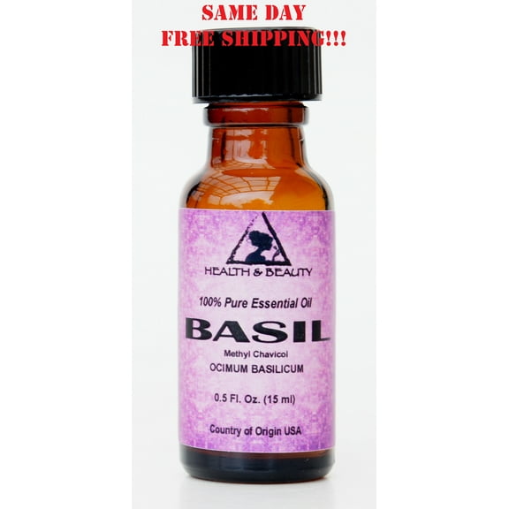 BASIL ESSENTIAL OIL METHYL CHAVICOL AROMATHERAPY PURE GLASS BOTTLE 0.5 OZ, 15 ml