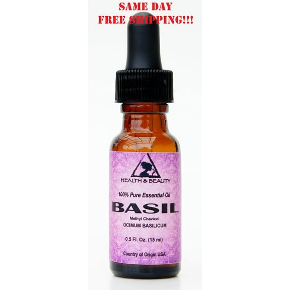 BASIL ESSENTIAL OIL METHYL CHAVICOL AROMATHERAPY PURE GLASS DROPPER 0.5 OZ 15 ml