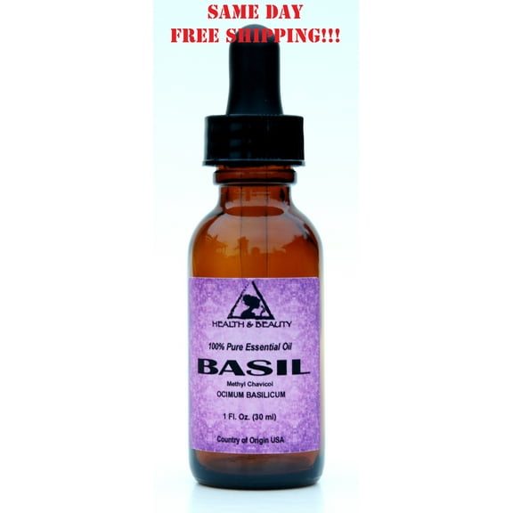 BASIL ESSENTIAL OIL METHYL CHAVICOL AROMATHERAPY PURE GLASS DROPPER 1 OZ, 30 ml