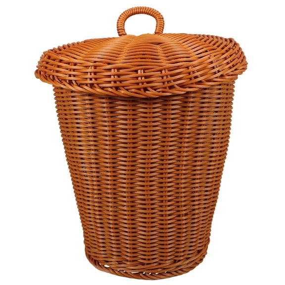 HONMEET Brown Round Woven Waste Basket with Lid for Home, Living Room, Study Room - Trash Can, 1 Set