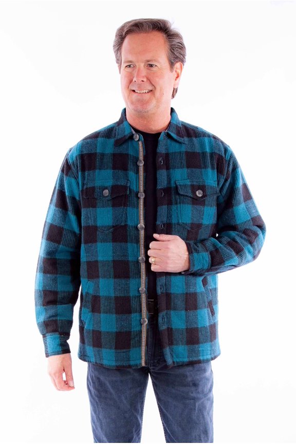 Scully 5365-BTQ-L Mens Basketweave Buffalo Check 100 Percent Cotton Jacket, Black & Turquoise - Large