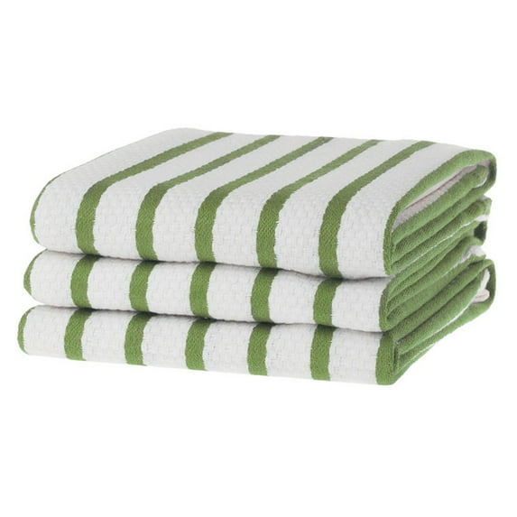 KAF Home Basket Weave Kitchen Towels, White with Green Stripes, Set of 3, 100%