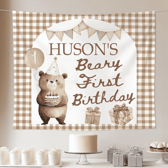 BASNITU Beary First Birthday Tapestry, Custom First Birthday Banner