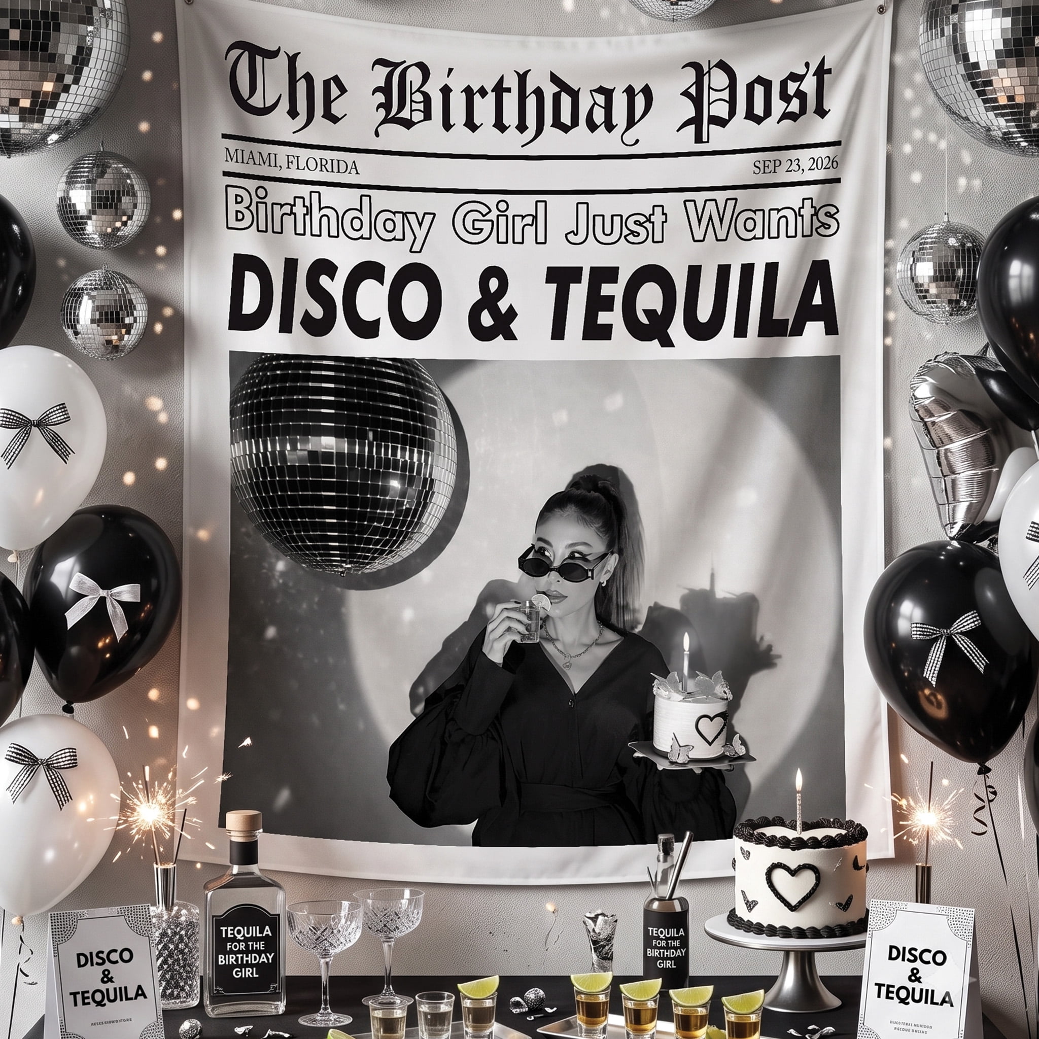 Cusatom Backdrop BASNITU Birthday Tapestry, Disco and Tequila Newspaper, Custom Backdrop ...