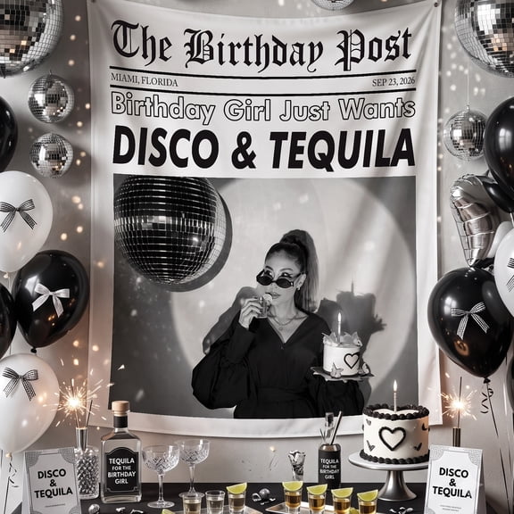 BASNITU Birthday Tapestry, Disco and Tequila Newspaper, Custom Backdrop