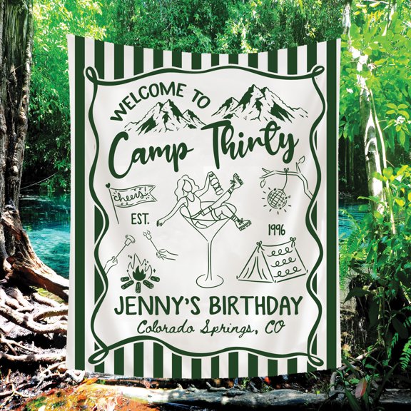 BASNITU Birthday Tapestry, Personalized Camp Glamping Birthday Theme, Party Backdrop Decor