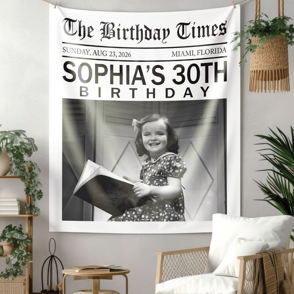 BASNITU Custom Birthday Newspaper Backdrop with Photo, Birthday Party Tapestry