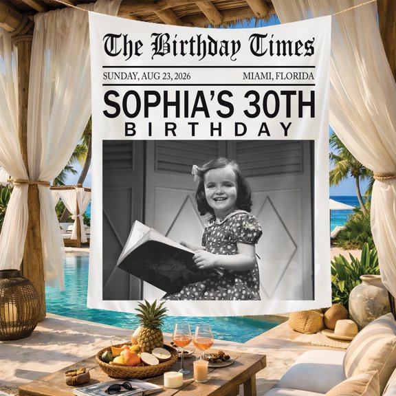 BASNITU Custom Birthday Newspaper Backdrop with Photo, Birthday Party Tapestry