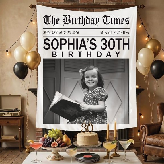 BASNITU Custom Birthday Newspaper Backdrop with Photo, Birthday Party Tapestry