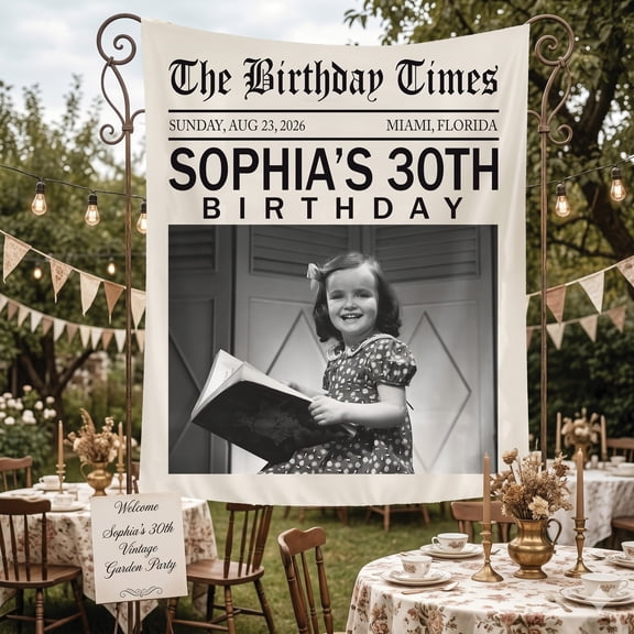 BASNITU Custom Birthday Newspaper Backdrop with Photo, Birthday Party Tapestry