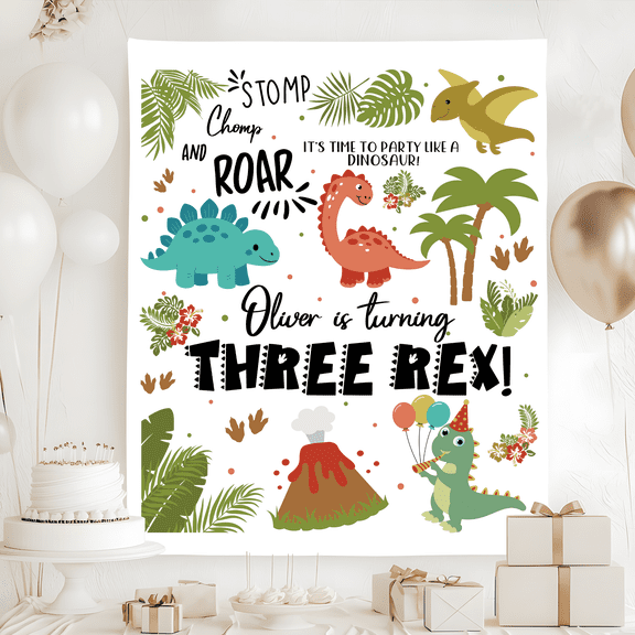 BASNITU Tapestry, 3rd Birthday Party, Dinosaur Three Rex Theme, Custom Banner