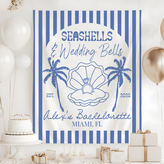 BASNITU Tapestry, Bachelorette Party, Seashells And Wedding Bells Theme, Custom Backdrop