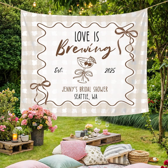 BASNITU Tapestry, Bridal Shower, Love Is Brewing Espresso Martini Theme, Custom Backdrop