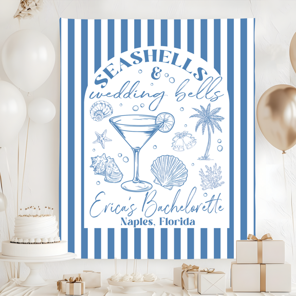 BASNITU Wall Tapestry, Bachelorette Party, Seashells & Wedding Bells, Custom Backdrop
