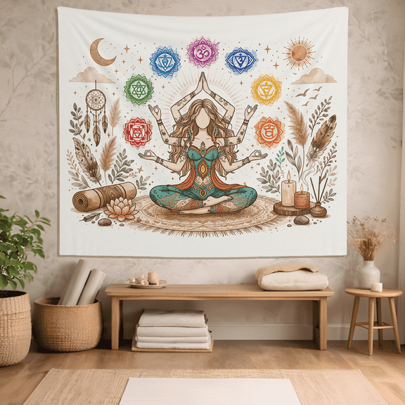 BASNITU Wall Tapestry, Chakra Energy Meditation Yoga Design, Room Decor