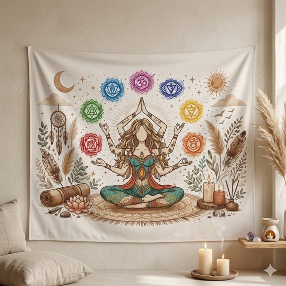 BASNITU Wall Tapestry, Chakra Energy Meditation Yoga Design, Room Decor