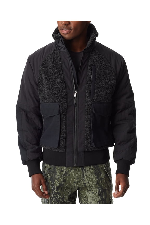 Mens Mixed Media Full Zip Bomber Jacket Caviar Black Small