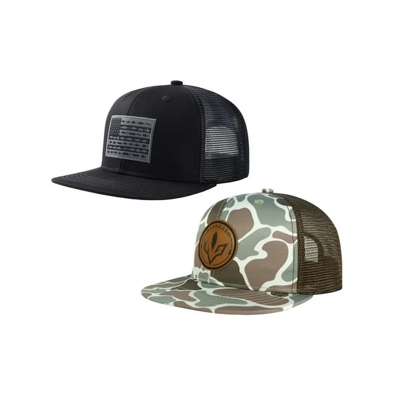 BASSDASH 2 Pack Flat Brim Trucker Cap Adjustable Snapback Hat Mesh Back For Men Women Fishing Hunting